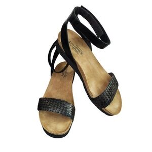 Naot Abbie Black Woven Wedge Leather Ankle Strap Sandals Boho Womens 40 L9
